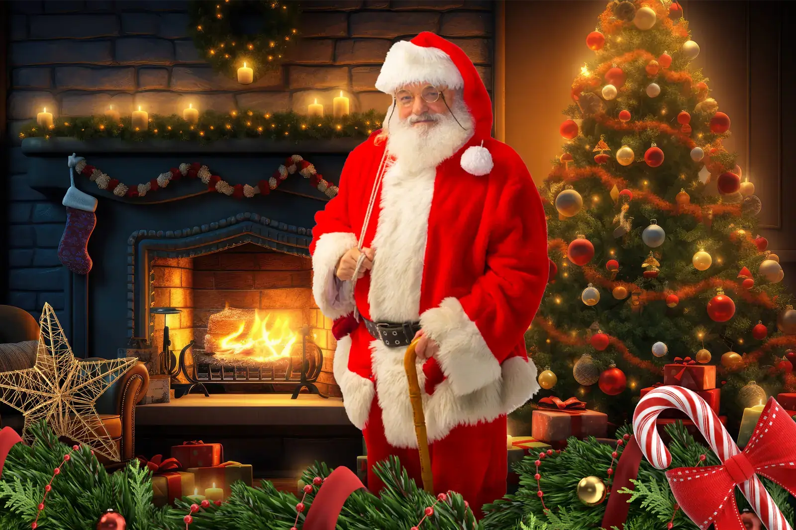 The Real Santa lângă brad și șemineu, cu sacul de cadouri
